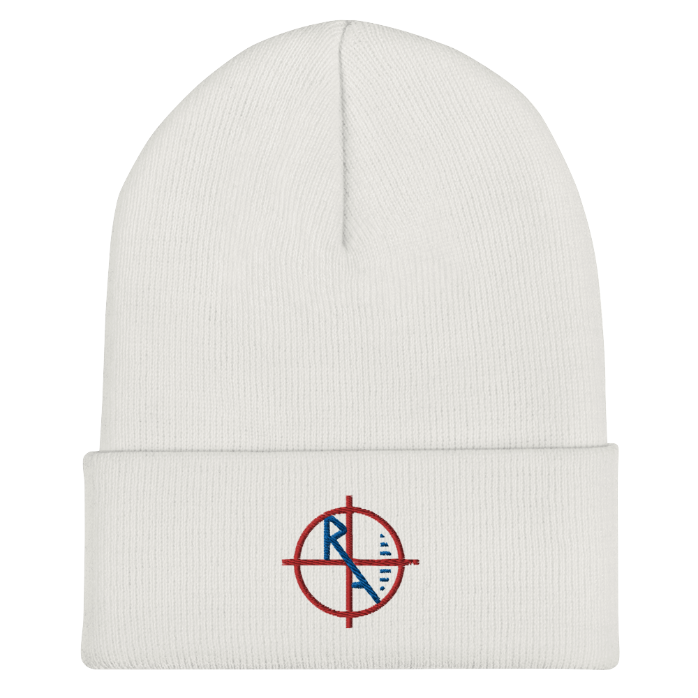 White Cuffed Beanie Red & Blue Logo