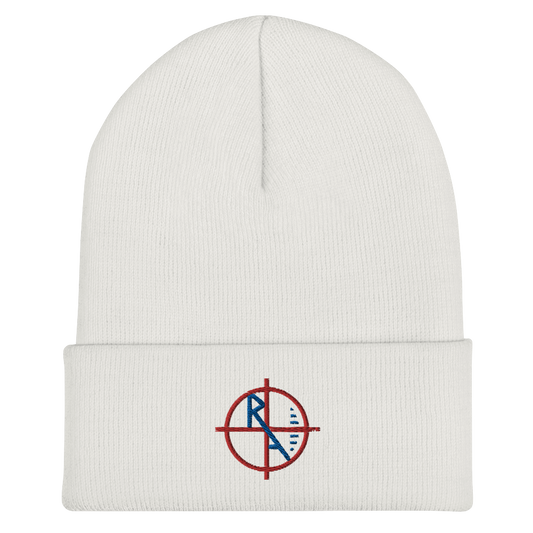 White Cuffed Beanie Red & Blue Logo