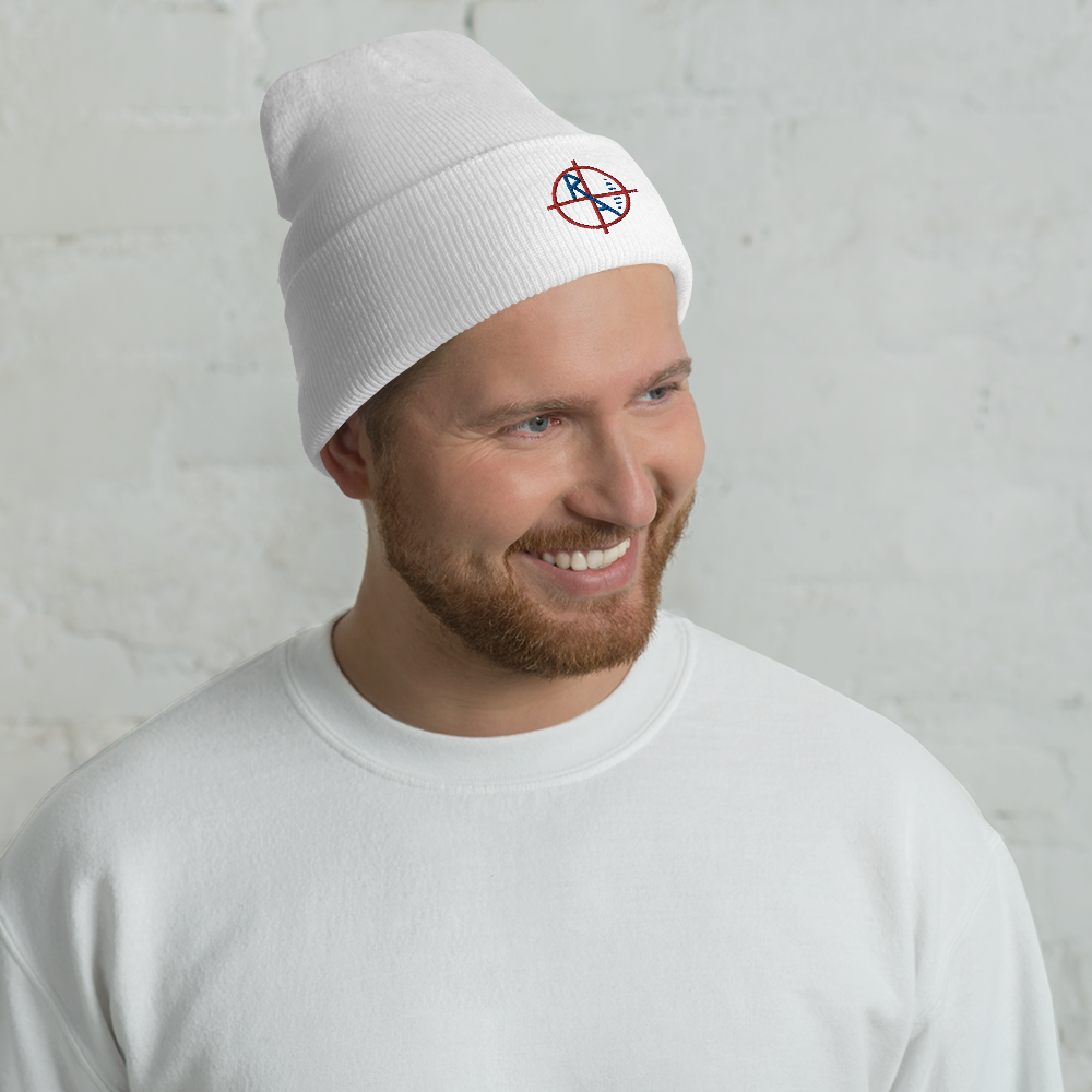 White Cuffed Beanie Red & Blue Logo