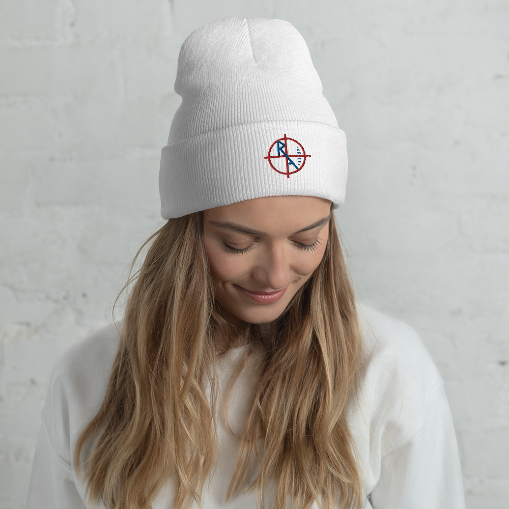 White Cuffed Beanie Red & Blue Logo