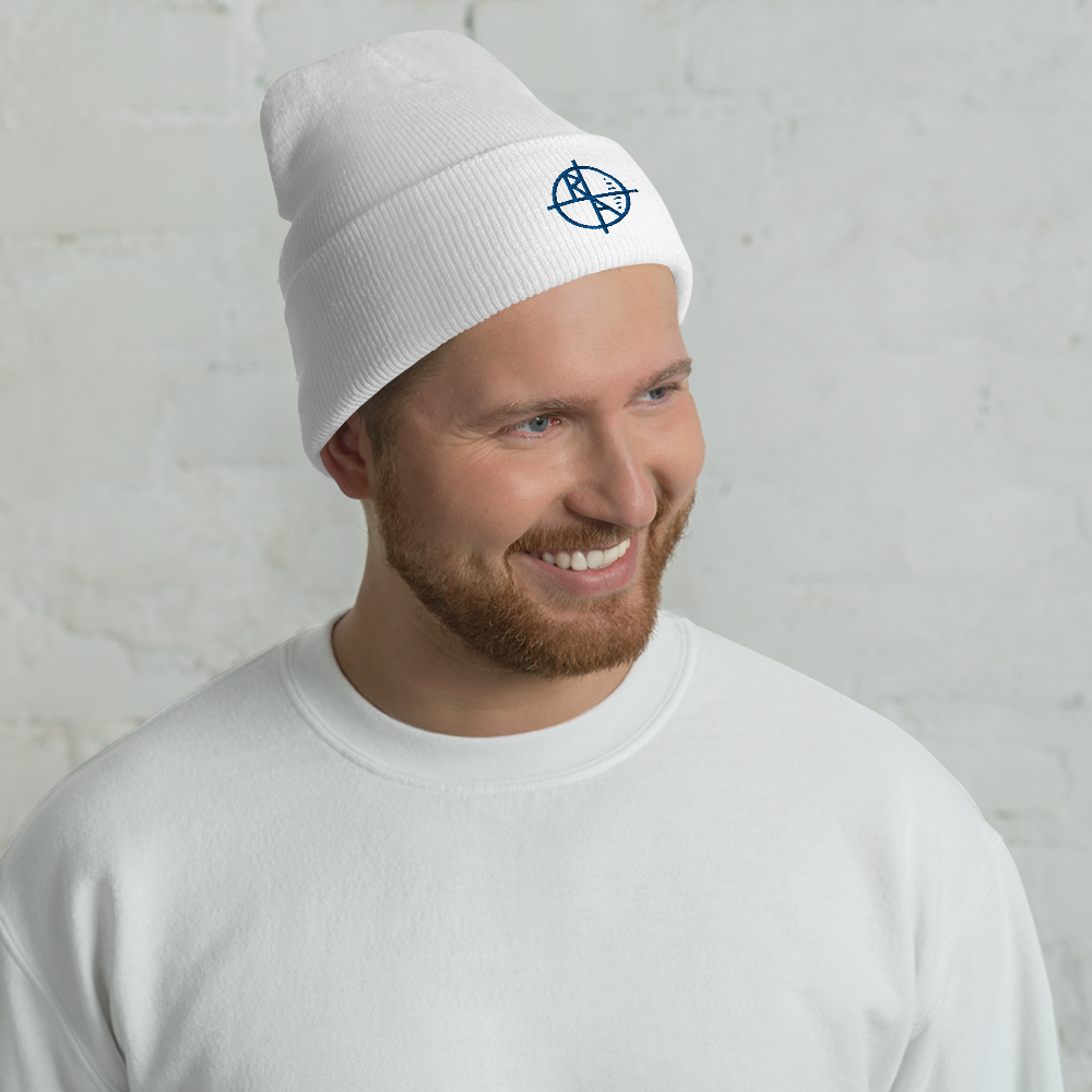 White Cuffed Beanie Blue Logo