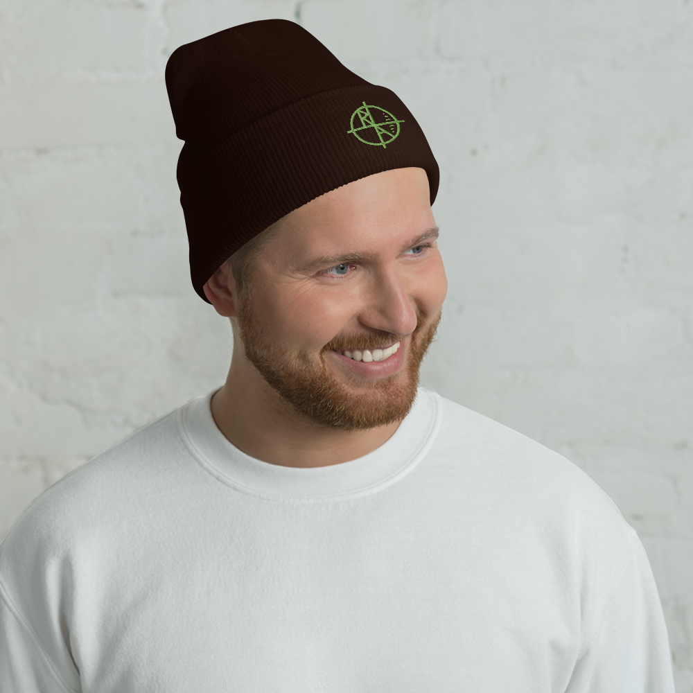 Brown Cuffed Beanie Green Logo