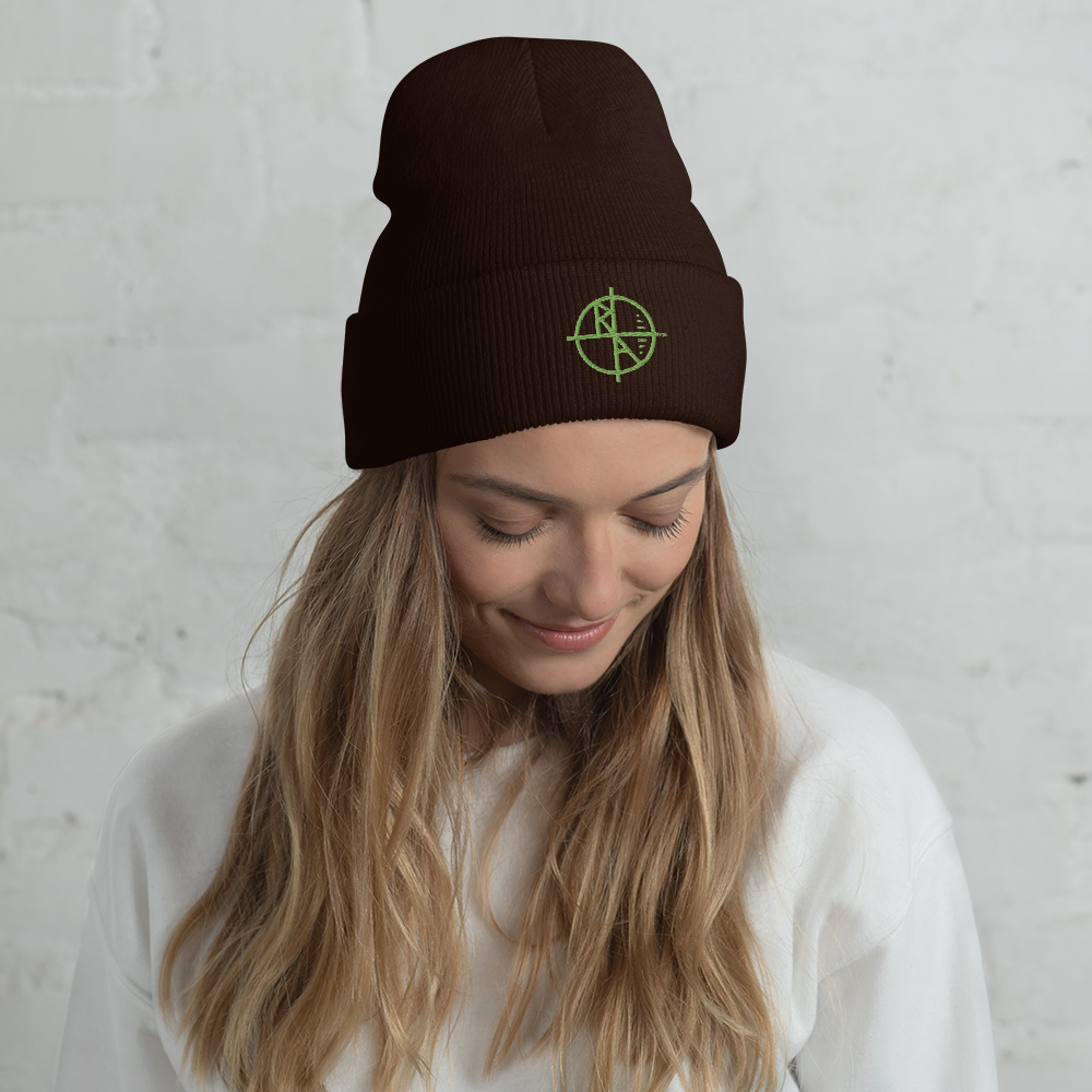 Brown Cuffed Beanie Green Logo