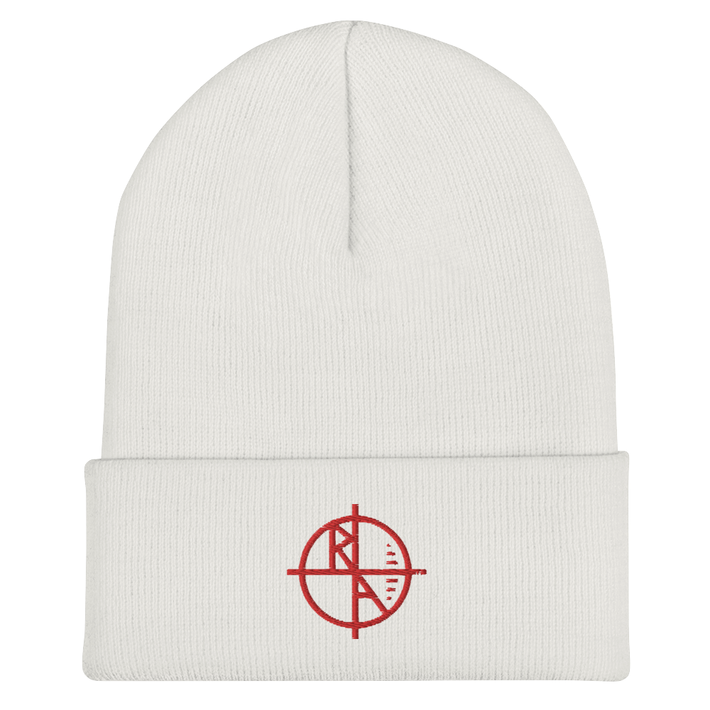 White Cuffed Beanie Red Logo