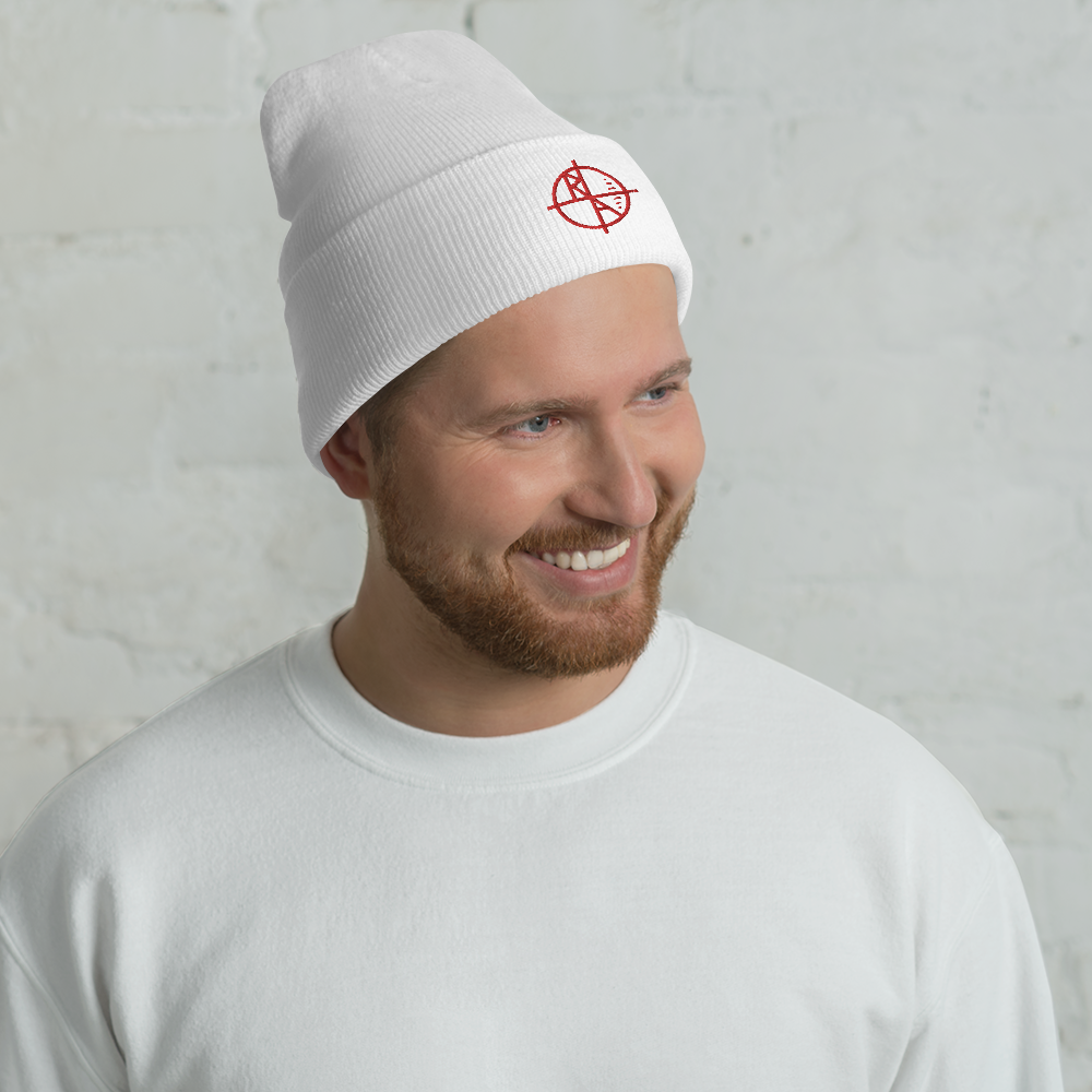 White Cuffed Beanie Red Logo