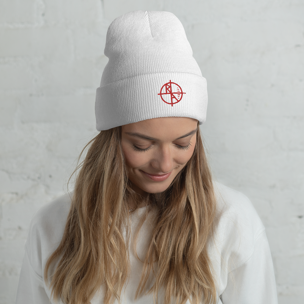 White Cuffed Beanie Red Logo