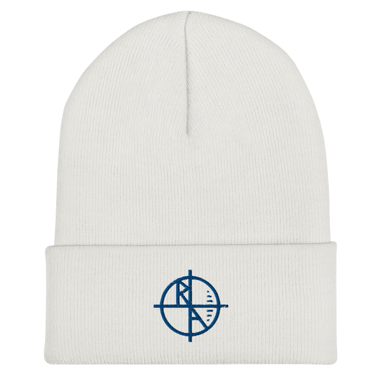 White Cuffed Beanie Blue Logo