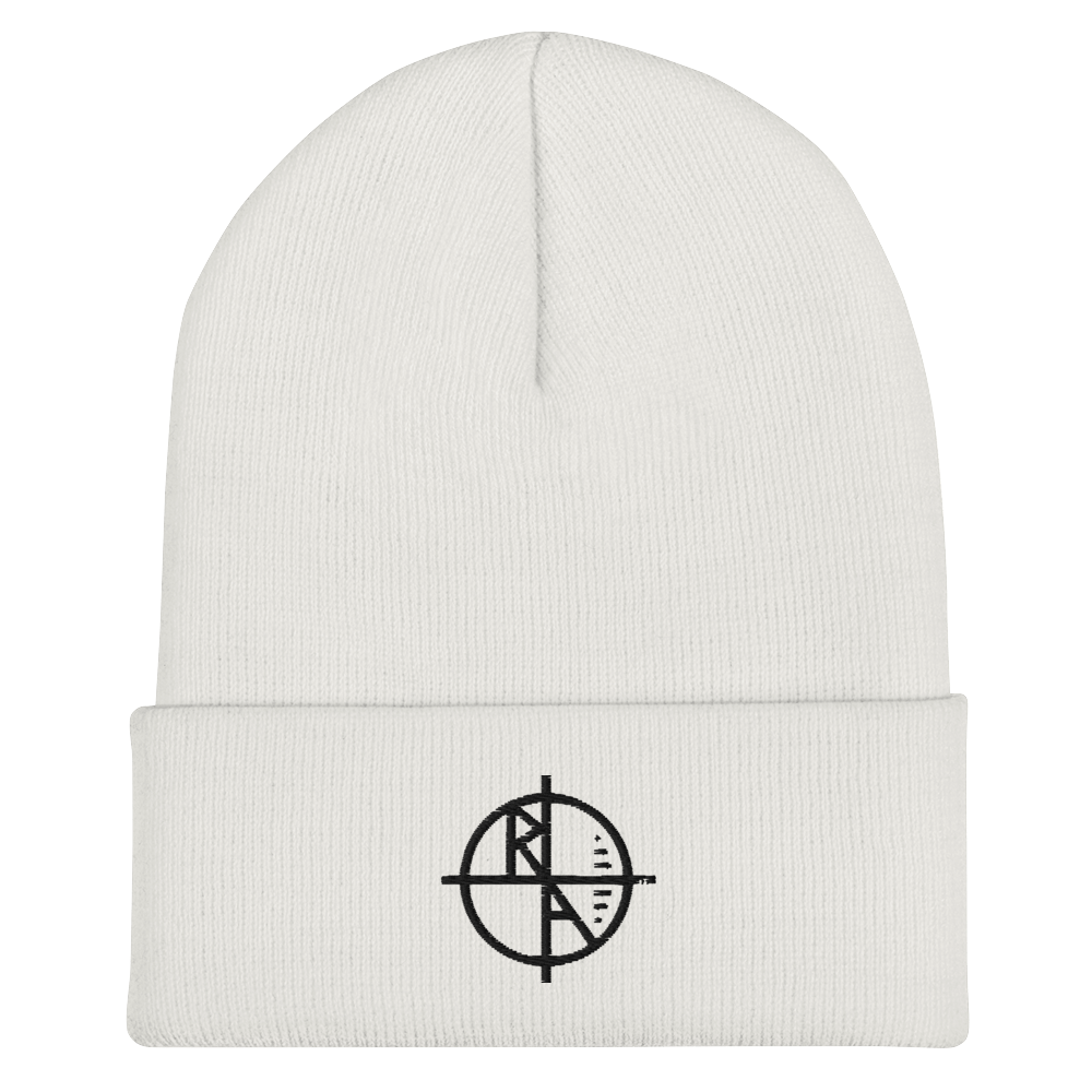 White Cuffed Beanie Black Logo