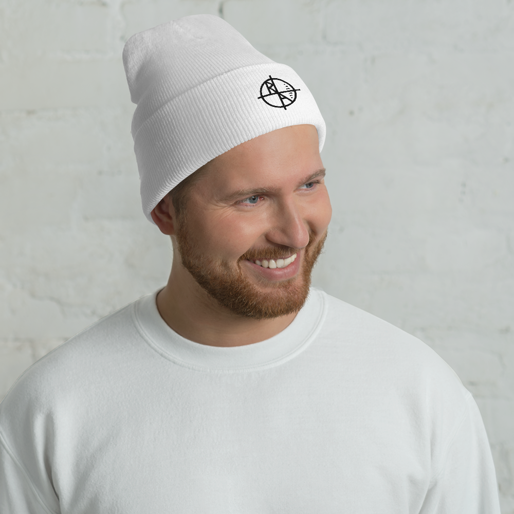 White Cuffed Beanie Black Logo