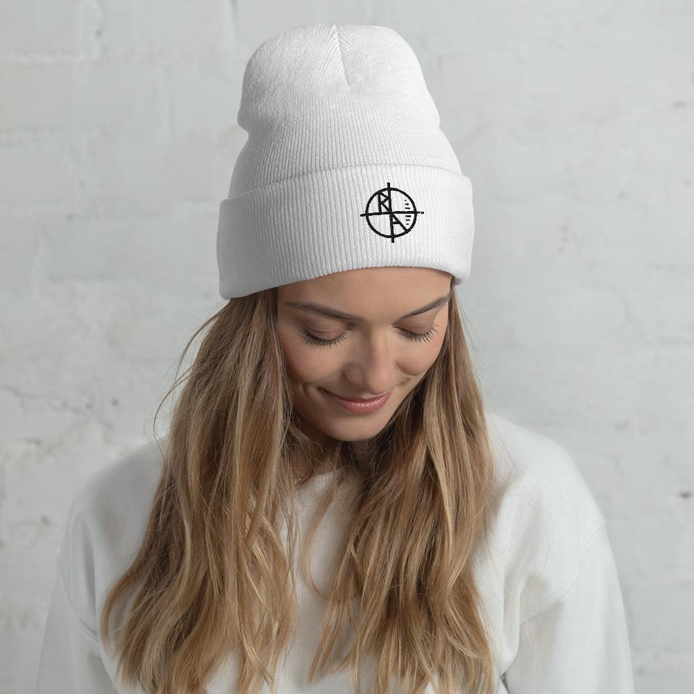 White Cuffed Beanie Black Logo